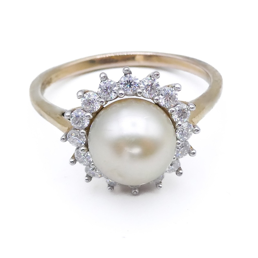 Gold Over Sterling Silver South Sea Golden Pearl Moissanite Halo Sz 10 Ring